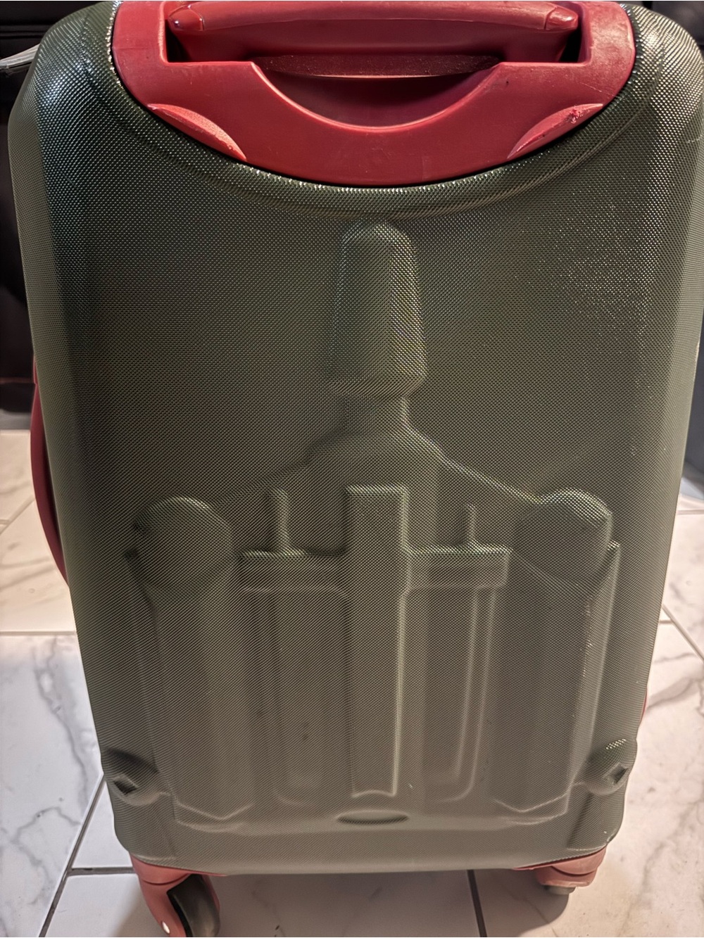 Green Hardshell Carry-On with red Accents